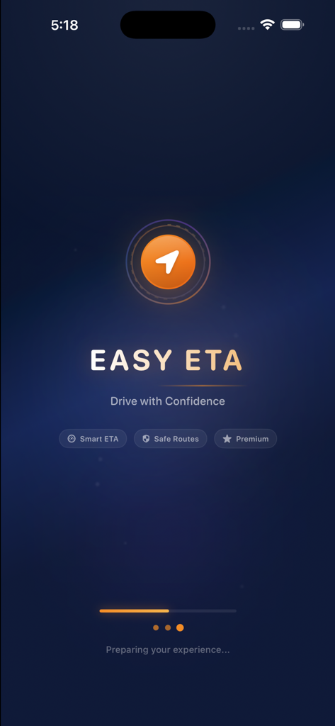 Pantalla de inicio de la aplicación Easy-ETA que muestra el logo de navegación y el lema Conduce con Confianza
