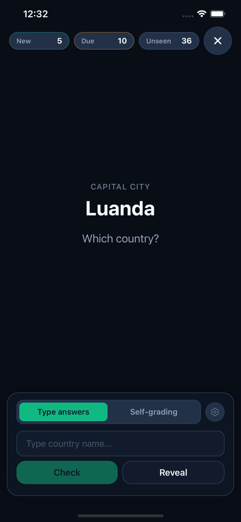 A geography quiz screen in the GeoWiz app asking the user to identify which country has Luanda as its capital city