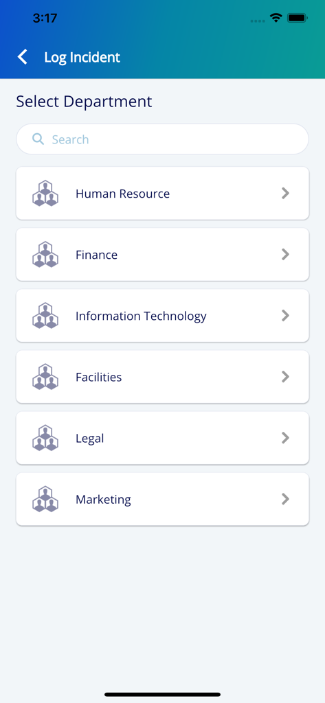 SymphonyAI Summit 앱 인터페이스, HR, 재무, IT와 같은 부서 목록을 표시하여 사고 기록