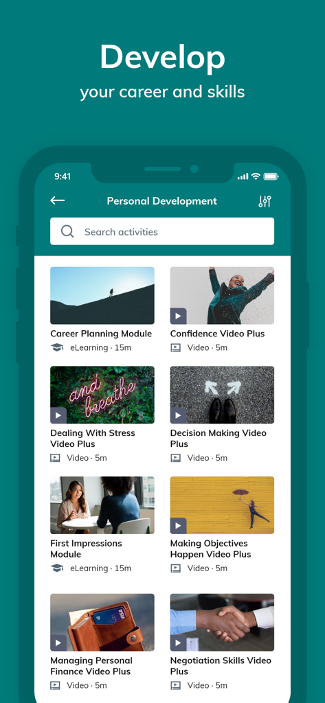 Access Learning - Access Learning mobile app interface showing a library of personal development video modules and e-learning courses.