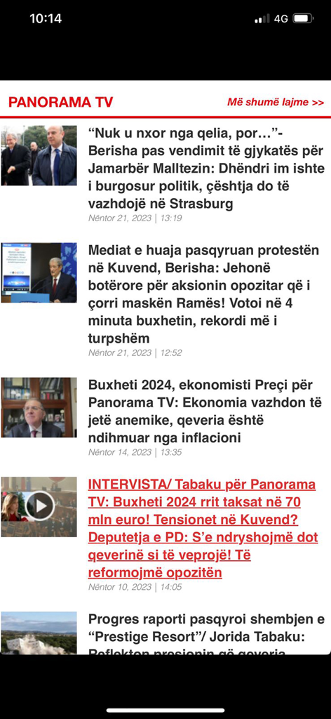 News feed from the Gazeta Panorama app showing headlines and articles in Albanian