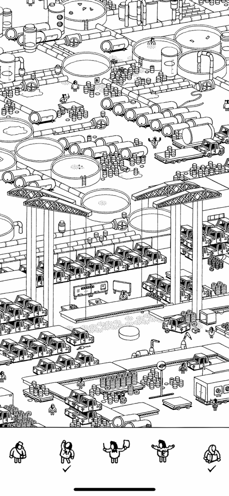 Nivel industrial en blanco y negro dibujado a mano en el juego Hidden Folks.
