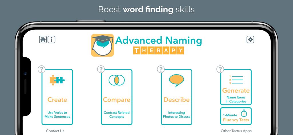 Interface de l'application Advanced Naming Therapy montrant des exercices de recherche de mots tels que Créer, Comparer, Décrire et Générer