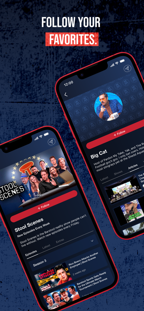 Barstool Sports mobile app interface for following personalities and shows.