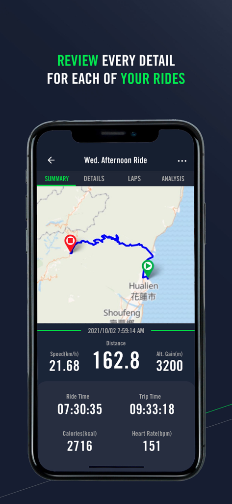 Bryton Active app ride summary screen showing a GPS map and detailed cycling performance metrics.