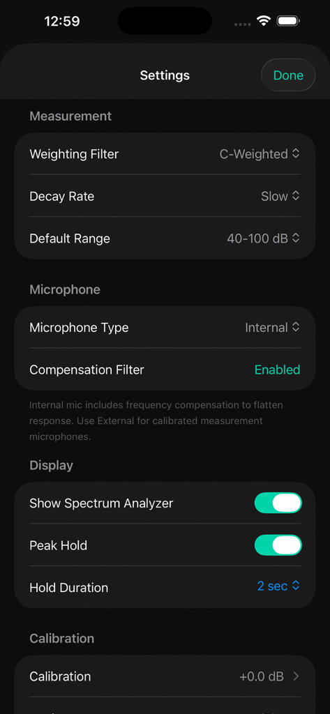 SPL Meter - Sound Level Meter - Pantalla de configuración de la app Medidor SPL que muestra filtros de medición y opciones de calibración del micrófono