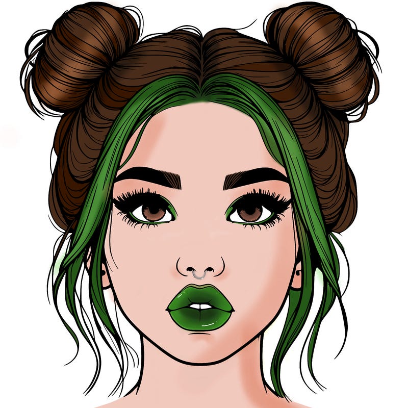realistic girl with two buns on her hair and lips