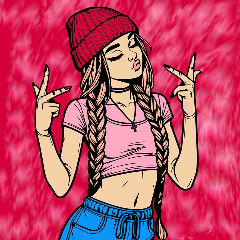 realistic teenage girl with braids and a beanie and crop top doing 🫶🏼
