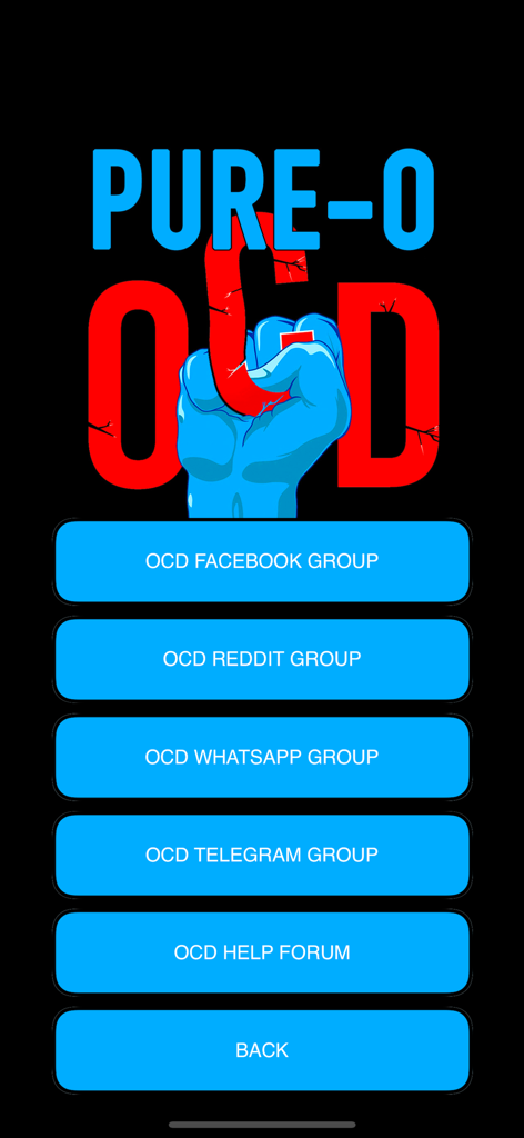Pantalla de menú de la aplicación de Recuperación de TOC de Puro O con botones que enlazan a grupos de TOC en Facebook, Reddit, WhatsApp, Telegram y un foro de ayuda.