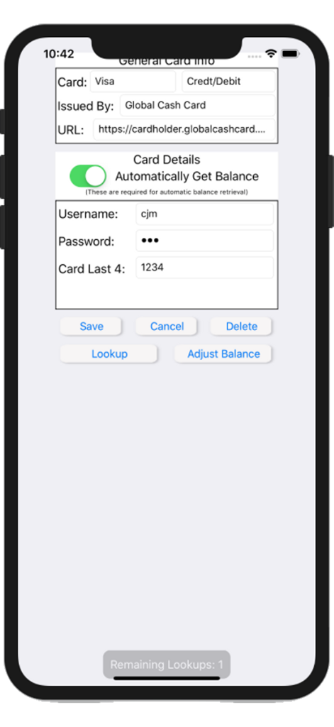 Prepaid Credit Card Balances - Pantalla de configuración de Global Cash Card para recuperación automática de saldo en la aplicación Saldos de Tarjetas de Crédito Prepago
