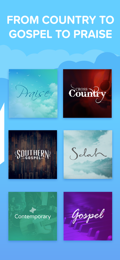 CBN Radio - Christian Music - CBN Radio app interface displaying various music stations including Praise Cross Country Southern Gospel and Selah