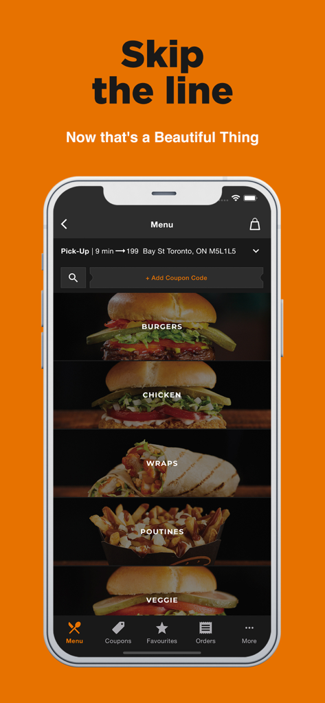 Harvey's - Harveys mobile app interface showing various food categories and a skip the line headline
