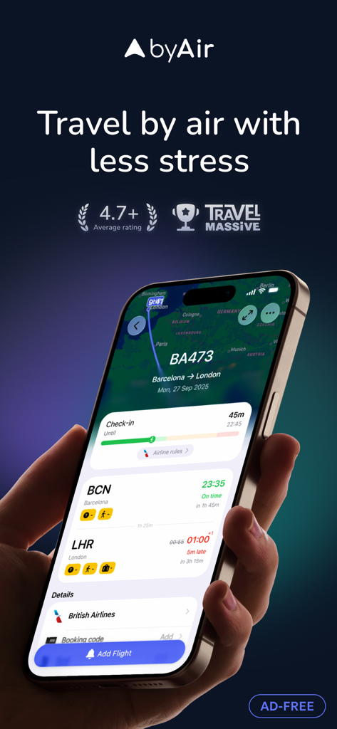 byAir: Live Flight Tracker - iPhone screen displaying byAir live flight tracker app with real time flight status from Barcelona to London