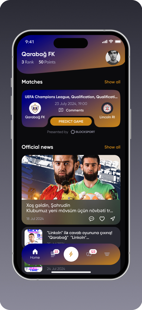 Qarabagh FK - Home dashboard of the Qarabagh FK app with match predictions and news