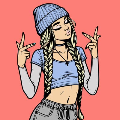 realistic teenage girl with braids and a beanie and crop top doing 🫶🏼