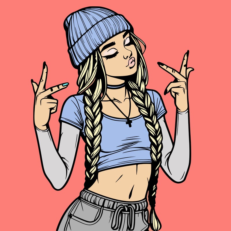 realistic teenage girl with braids and a beanie and crop top doing 🫶🏼