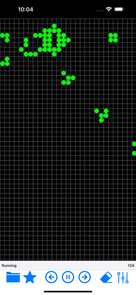 Screen showing green cellular automata patterns evolving on a black grid in the Game of Life app.