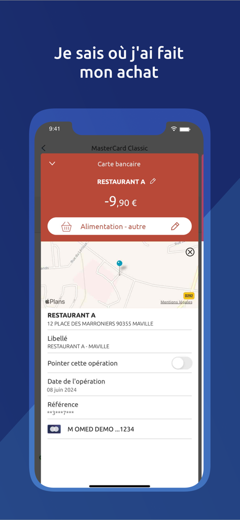 Banque Populaire app screen showing transaction details with a map indicating the purchase location.