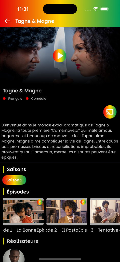 Djoliba TV - Interface of the Djoliba TV app showing details and episodes for the African series Tagne and Magne