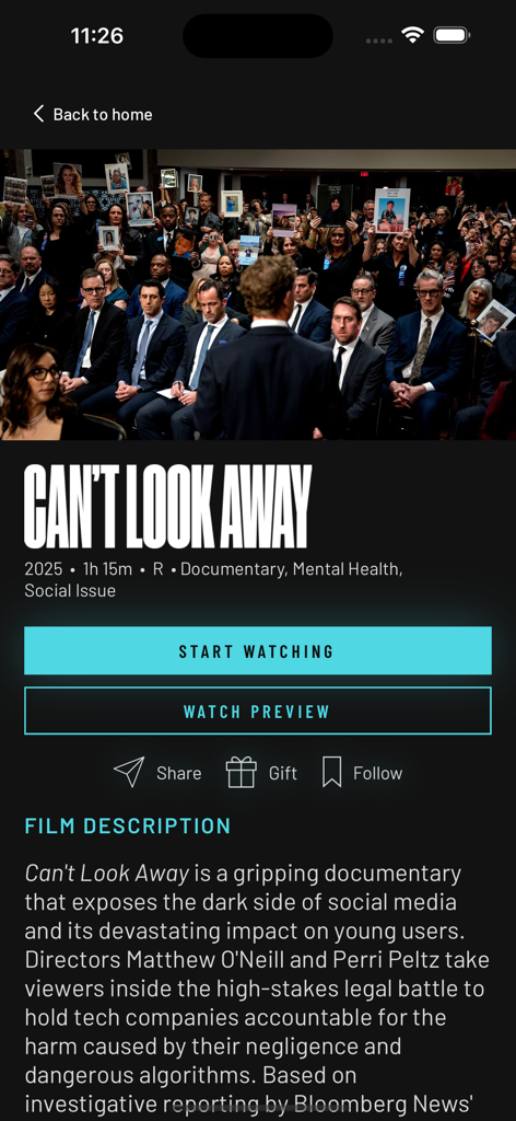 Jolt Film - Jolt Film app screen for the documentary Can't Look Away with a start watching button.