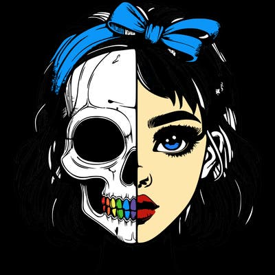 realistic girl with half skull mask