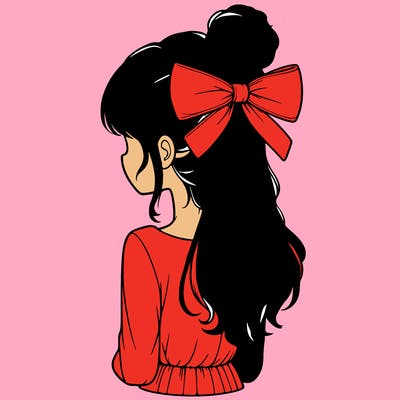 realistic girl  with hip length hair a bun and a big bow on the back of head