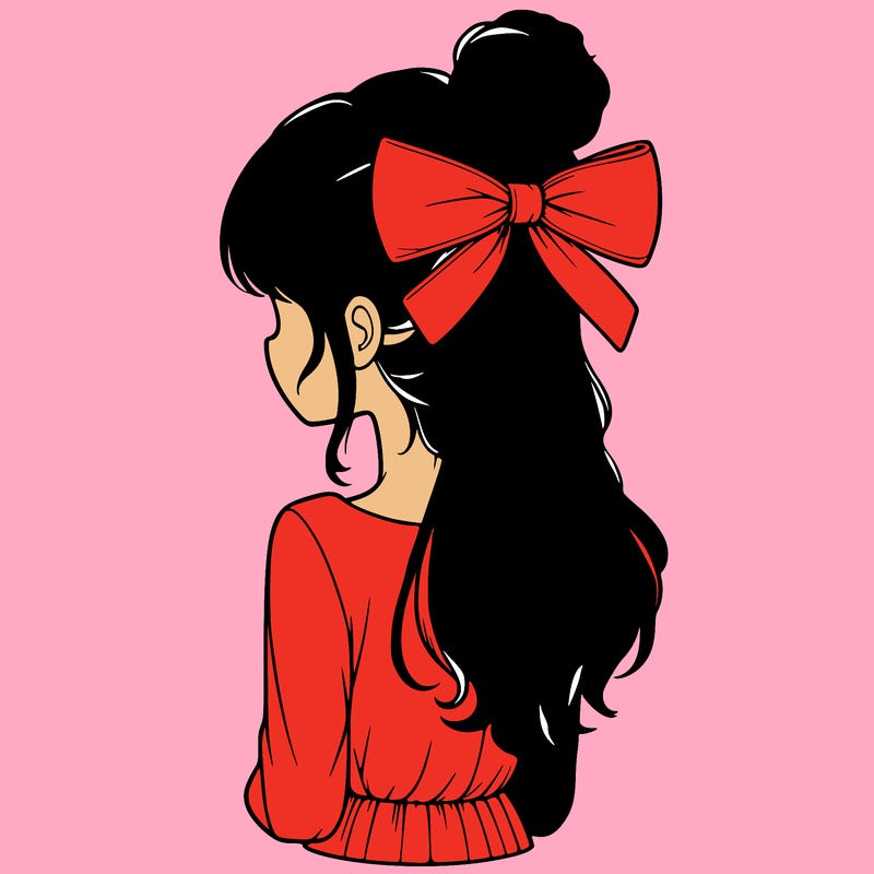 realistic girl  with hip length hair a bun and a big bow on the back of head