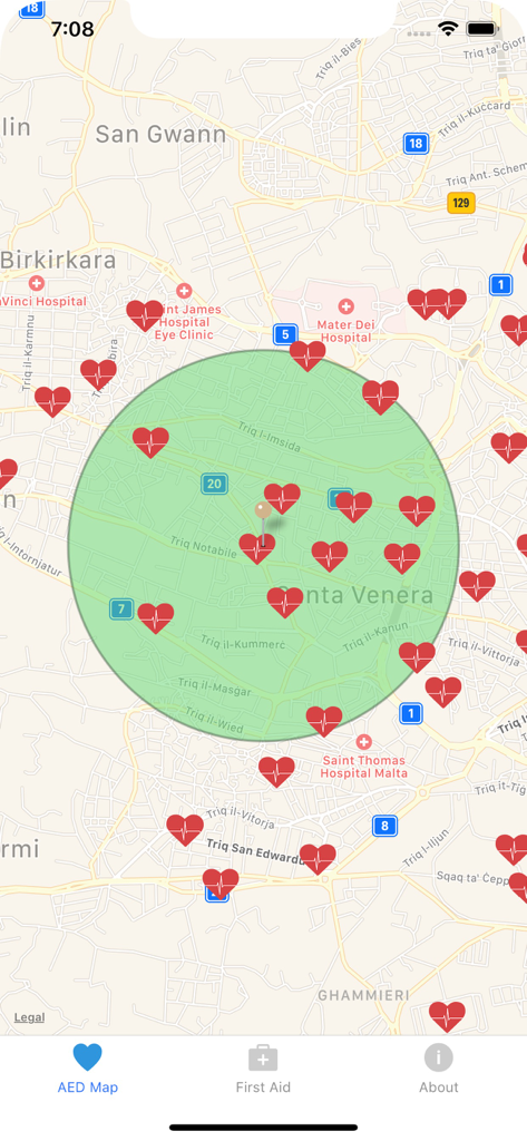 Map view of the AED Malta app showing defibrillator locations in Maltese cities