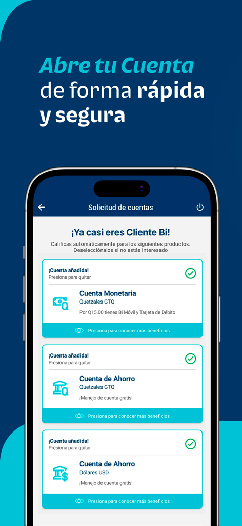 Bi en Línea - Interfaz de la aplicación Bi en Línea para abrir cuentas monetarias y de ahorro