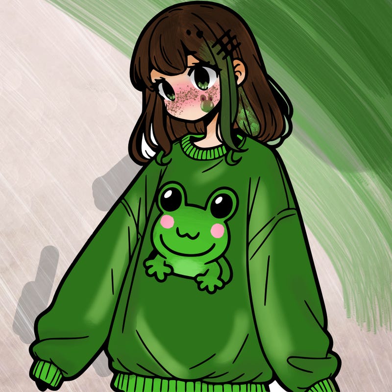 girl wearing frogging sweatshirt