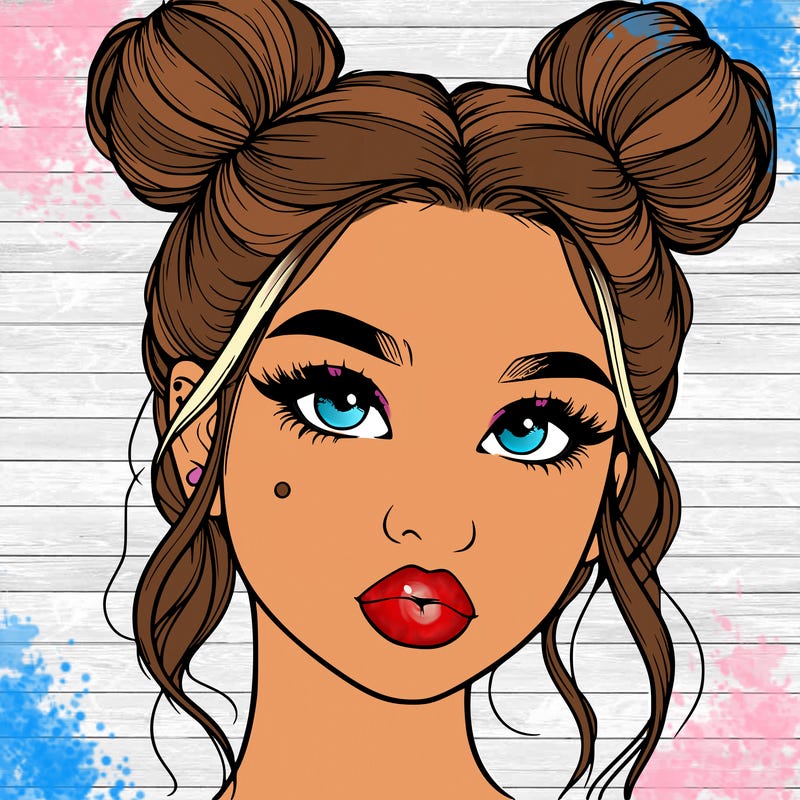 realistic girl with two buns on her hair and lips