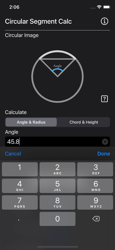 Circular Segment Calculator - Circular Segment Calculator mobile app interface showing a geometric diagram and an angle input field with a numeric keypad