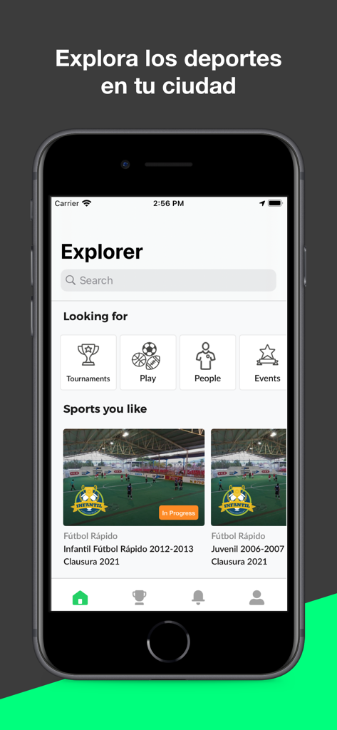 Sportwey - Sportwey app search screen showing categories for tournaments and local soccer league listings