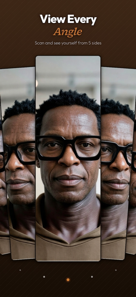 Frame — Find you glasses - Ein Mann probiert eine Brille mit fotorealistischer KI aus fünf verschiedenen Blickwinkeln in der Frame App an