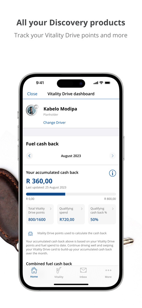 Discoveryアプリの画面。Vitality Driveの燃料報酬とポイントが表示されています。