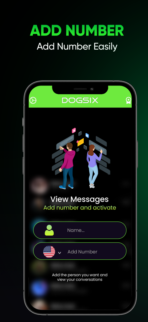 Dogsix - online tracker - Screenshot of the Dogsix app interface for adding a phone number to track online activity