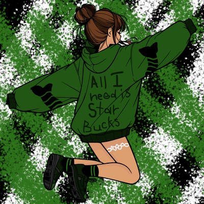 realistic girl jumping with a bun and oversized sweatshirt