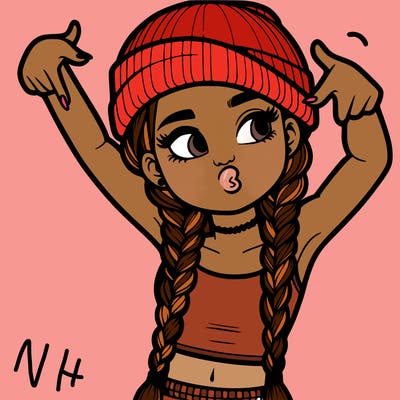realistic teenage girl with braids and a beanie and crop top doing 🫶🏼