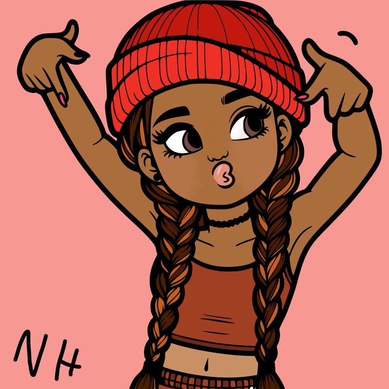 realistic teenage girl with braids and a beanie and crop top doing 🫶🏼