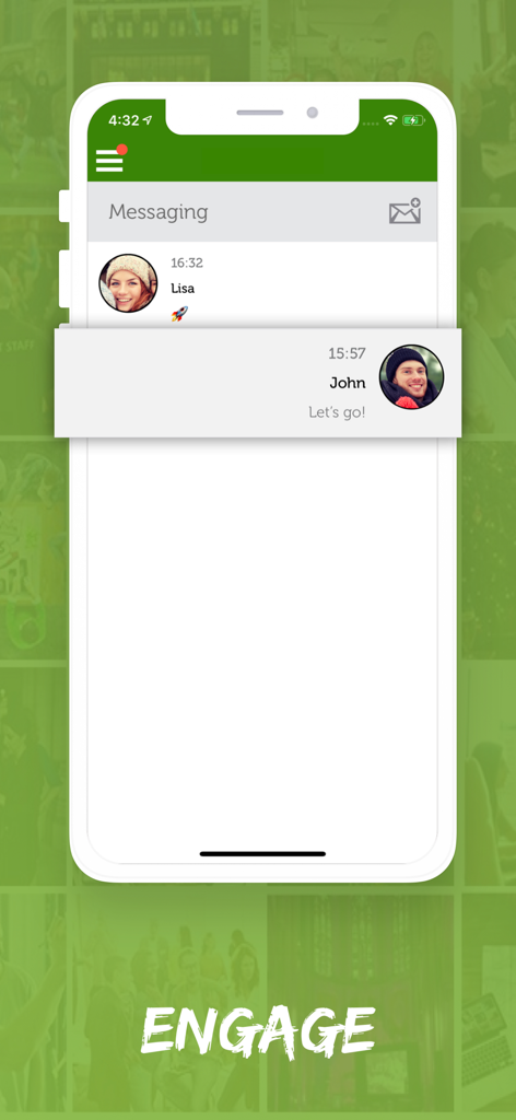 The messaging interface of the Mobile Adventures app showing a team chat with participants Lisa and John