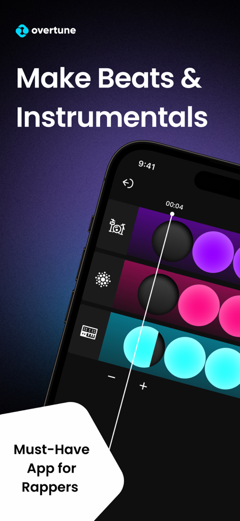 Overtune mobile app interface showing a simple beat sequencer with colorful instrument loops for rappers