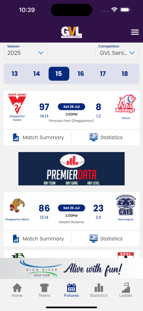 Goulburn Valley League - Goulburn Valley League mobile app screen showing football match fixtures and scores