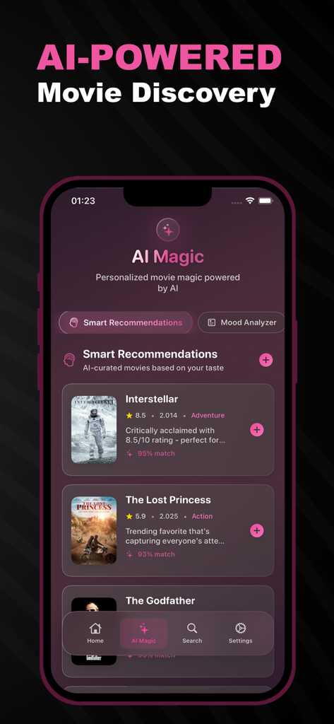 Interface de l'application mobile Hi TV montrant des recommandations de films IA personnalisées et des scores de correspondance.