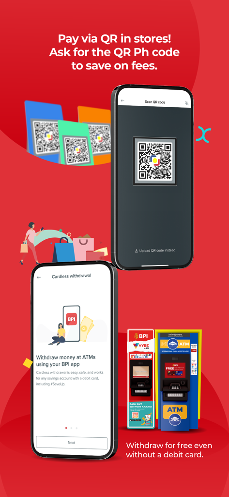 BPI - BPI app interface showing QR Ph payment scanning and cardless ATM withdrawal options.