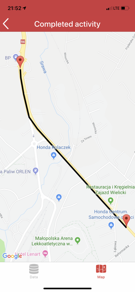 Map view in the Call and Report app showing a tracked route for a completed activity with start and end points.