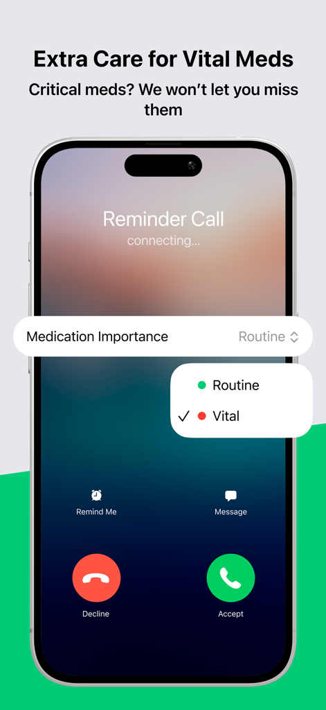 Pill Reminder for Family - Tela do iPhone mostrando uma interface de chamada de lembrete de medicação com configurações de prioridade para medicamentos vitais e de rotina