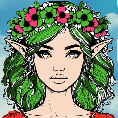 realistic female elf with flower crown