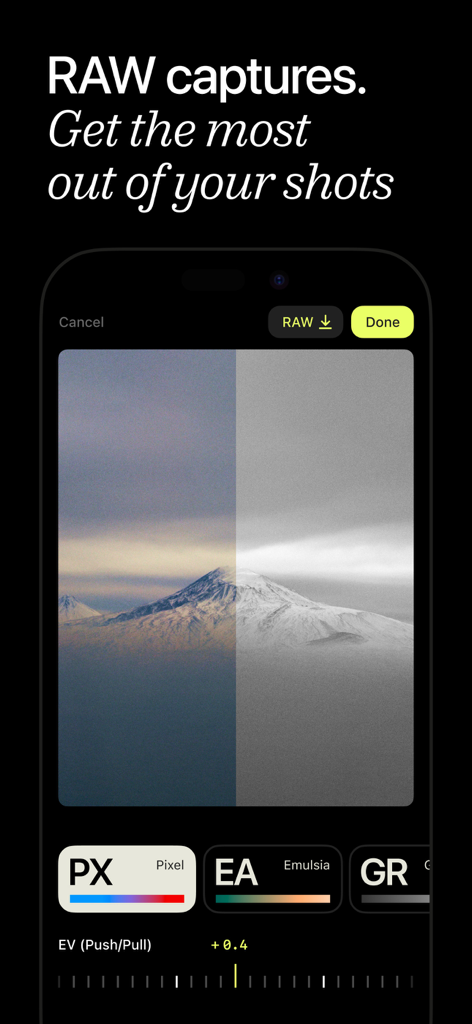 Lampa — Digital & Film Camera - Lampa app interface showcasing RAW capture and film inspired photo editing tools
