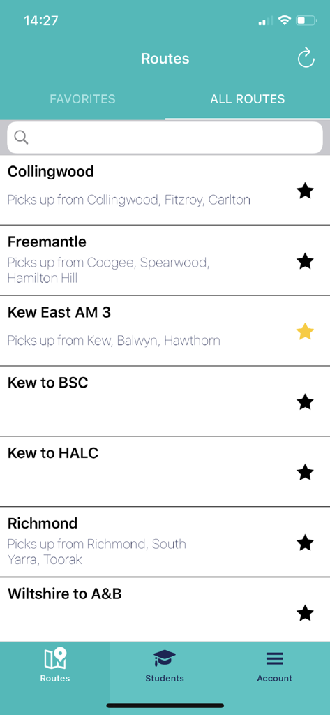 BusMinder Parent - A mobile app screen displaying a list of available school bus routes in the BusMinder Parent application