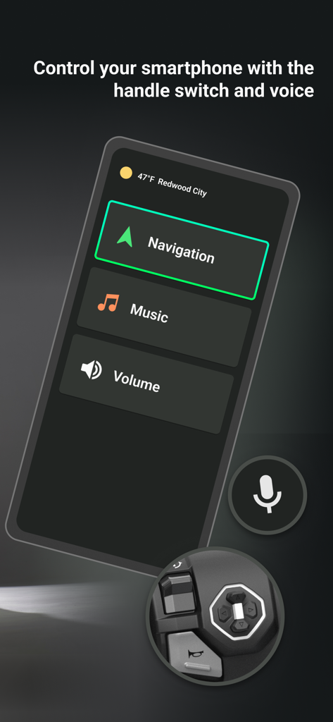 Interfaccia dell'app Honda RoadSync che mostra i controlli di navigazione e musica per i motociclisti.